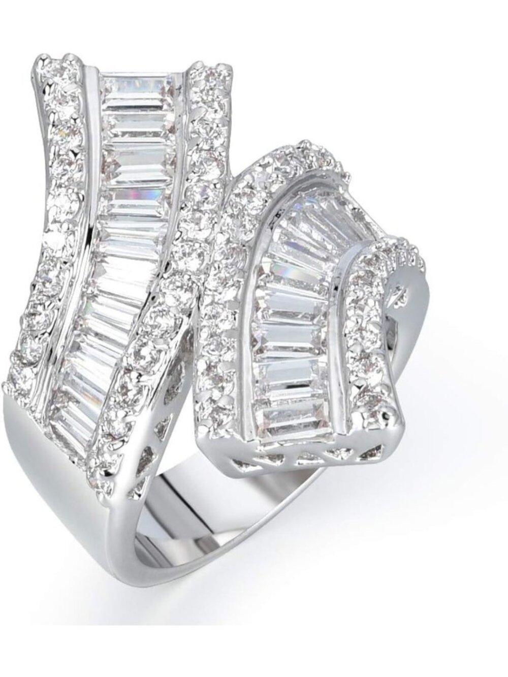 Elegant Silver Tone Double-Band Curved Ring with Rhodium Plating & Cubic